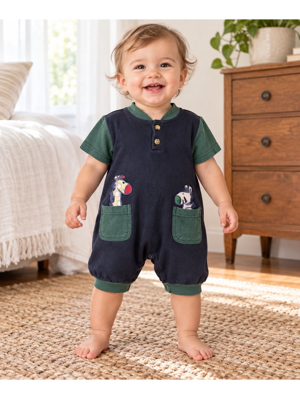 Vintage Baby Romper Growing Kids Giraffe Zebra Pockets Navy Green 18M